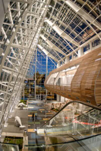 Modern architectural interior featuring a spacious atrium with a glass roof, wooden walkway, and sculptures of dolphins.
