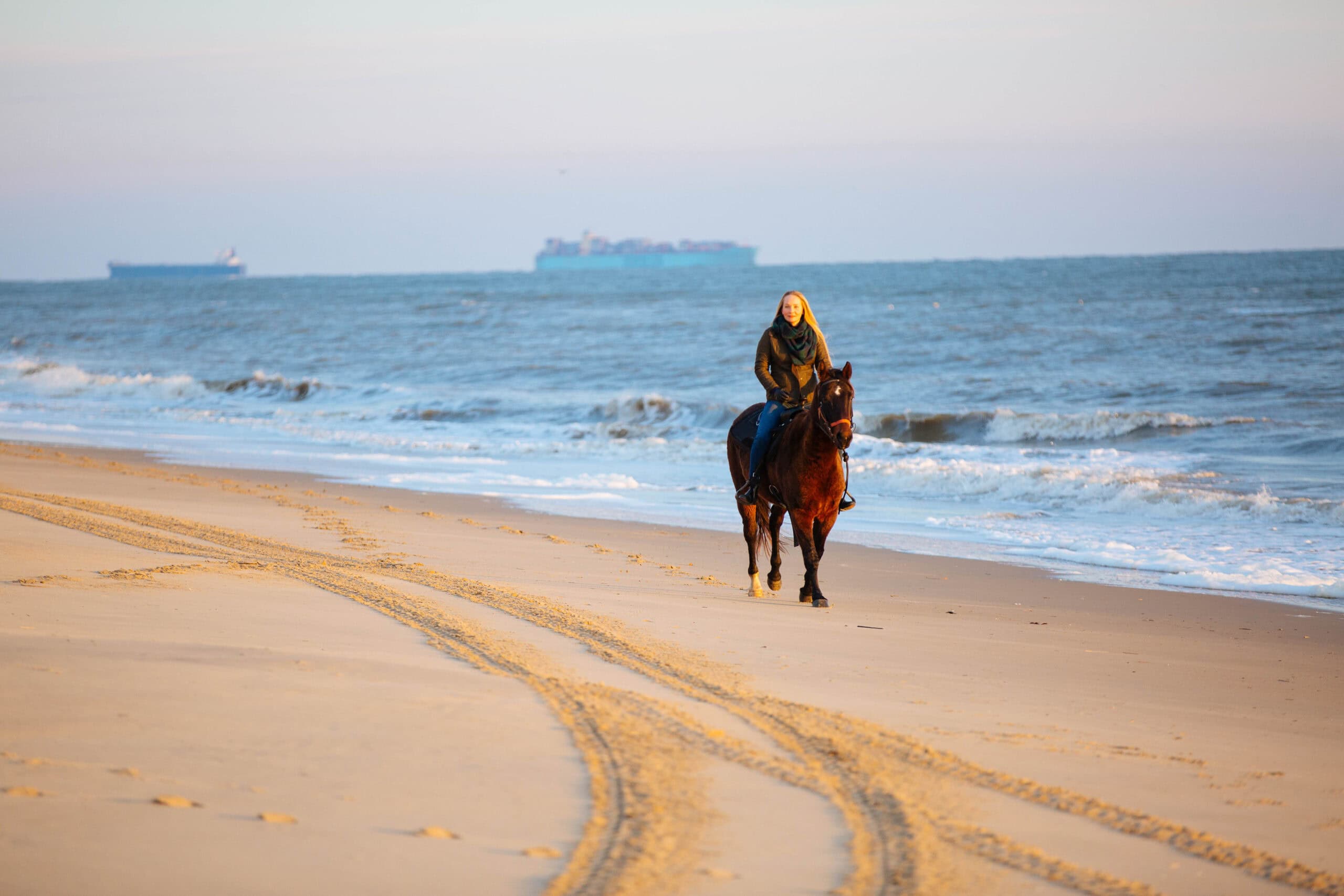A woman riding a brown horse along a sandy beach with gentle waves and a distant cargo ship in the background during sunrise at Virginia Beach Oceanfront.