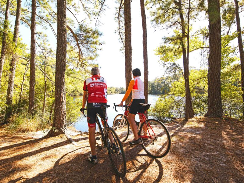 Two cyclists pause by a serene lake, surrounded by tall trees and vibrant greenery, enjoying the peaceful scenery at First Landing State Park.