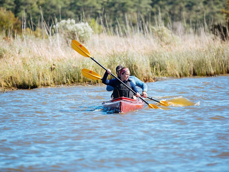 A woman and man paddle a kayak through the calm waters with lush tall grass and woods behind them in False Cape State Park.