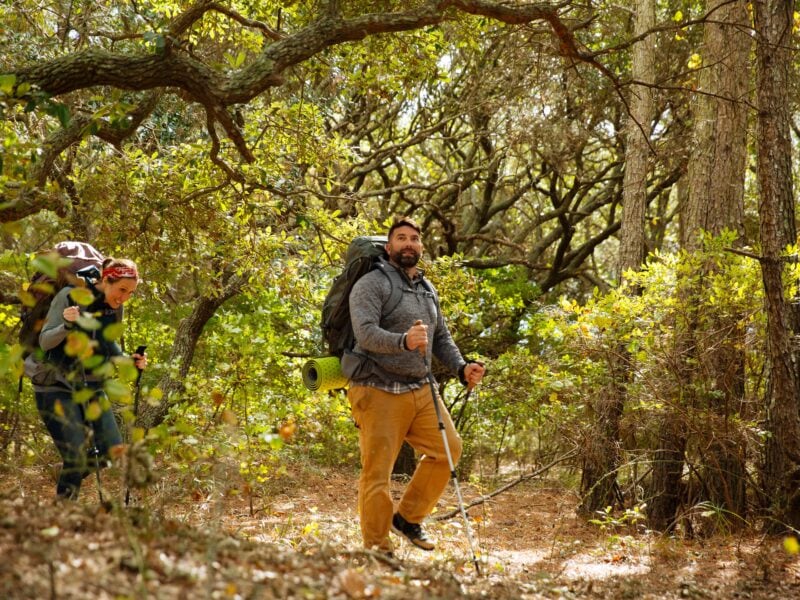 Two hikers navigating through a lush forest, one man with a large backpack and trekking poles, and a woman with a smaller backpack at False Cape State Park.