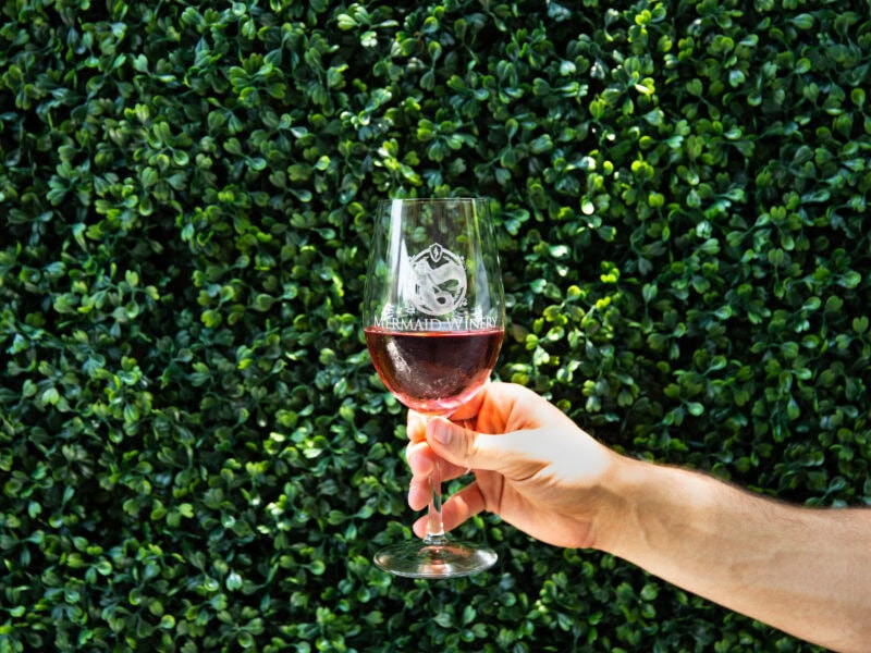 A hand holding a glass of red wine with a logo of Mermaid Winery, set against a backdrop of lush green foliage on a sunny spring day.