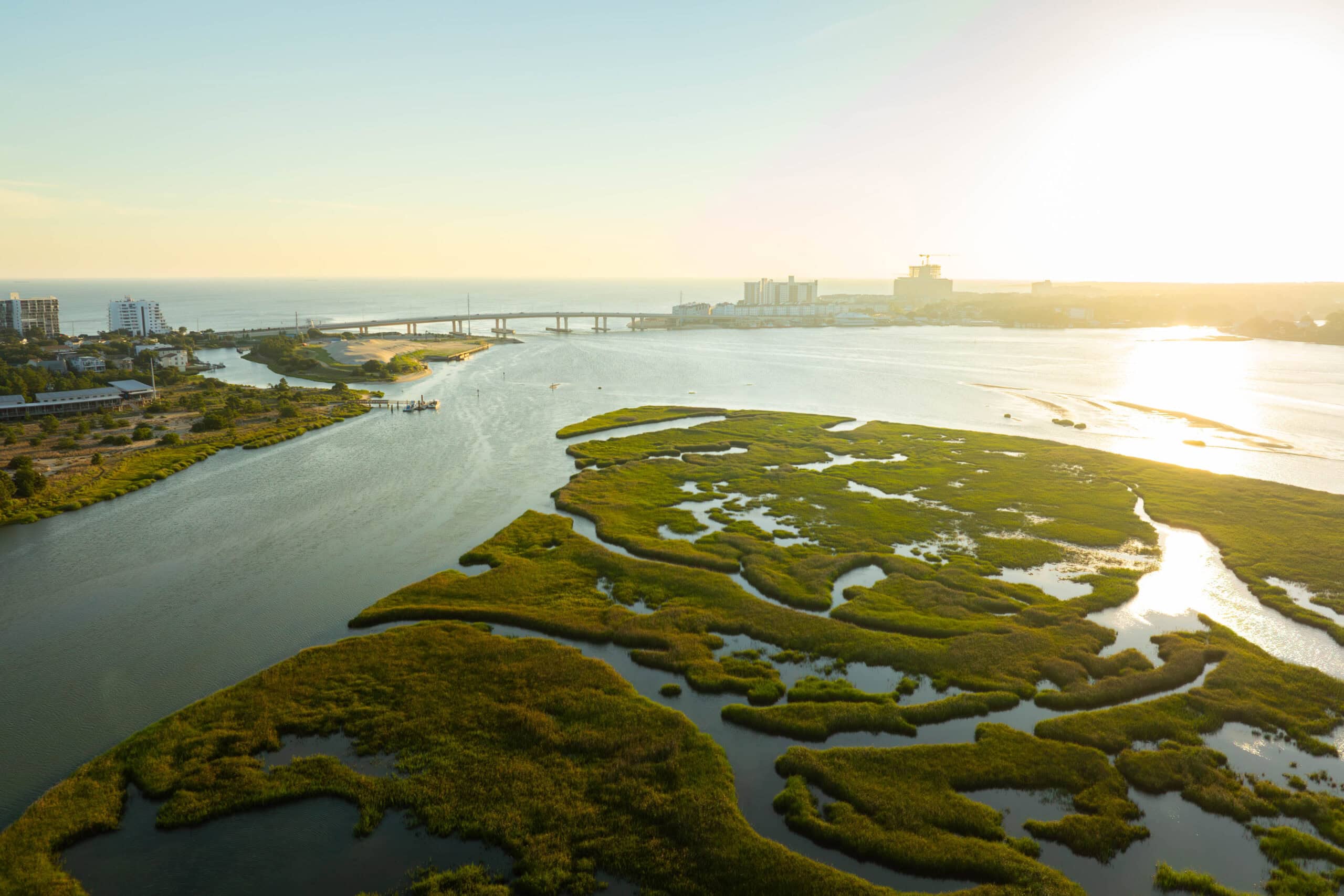 A scenic view of Chesapeake Bay with lush green marshlands and a city skyline at sunset, featuring a bridge in the background.