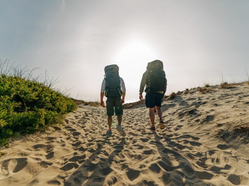Two hikers with backpacks walk along a sandy path towards the sun, surrounded by coastal vegetation in False Cape State Park.