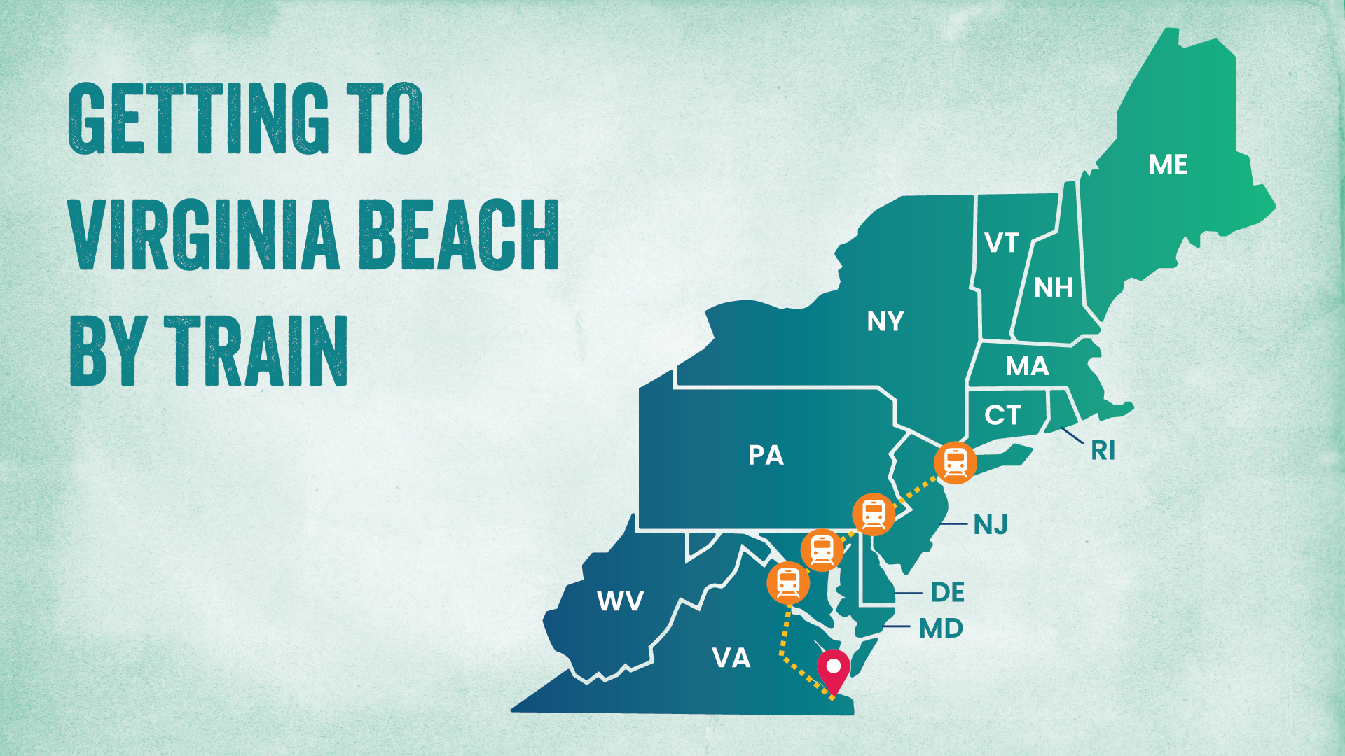 Map showing the route to Virginia Beach by train from various states in the northeastern U.S., with highlighted locations and train icons.