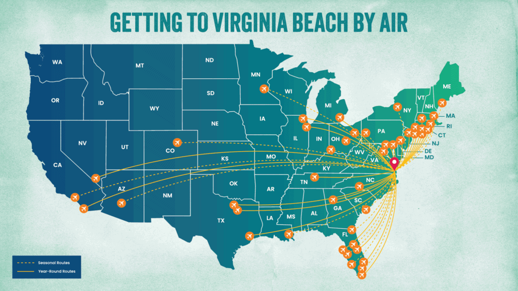 Map illustrating air travel routes to Virginia Beach, highlighting seasonal and year-round flight connections from various U.S. states.