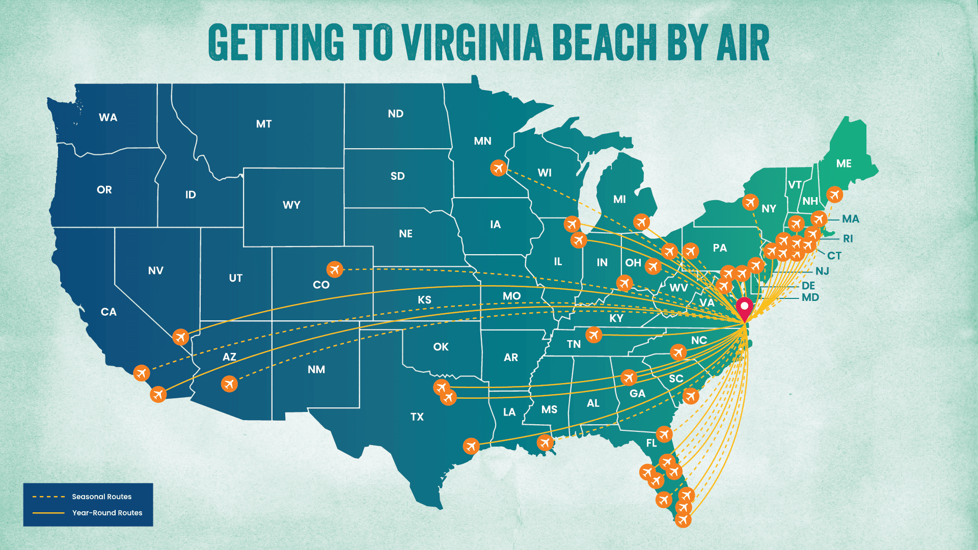 Map illustrating air travel routes to Virginia Beach, highlighting seasonal and year-round flight connections from various U.S. states.
