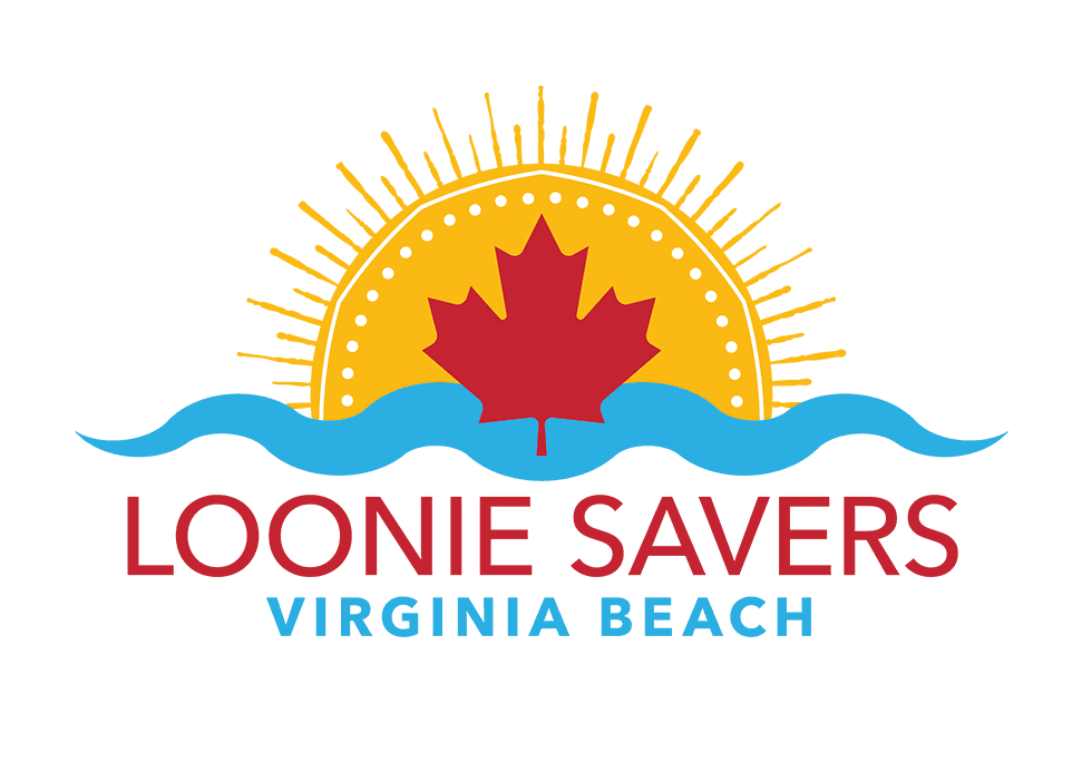 Logo of Loonie Savers, featuring a sun rising behind a red maple leaf and waves, with text "LOONIE SAVERS" and "VIRGINIA BEACH."