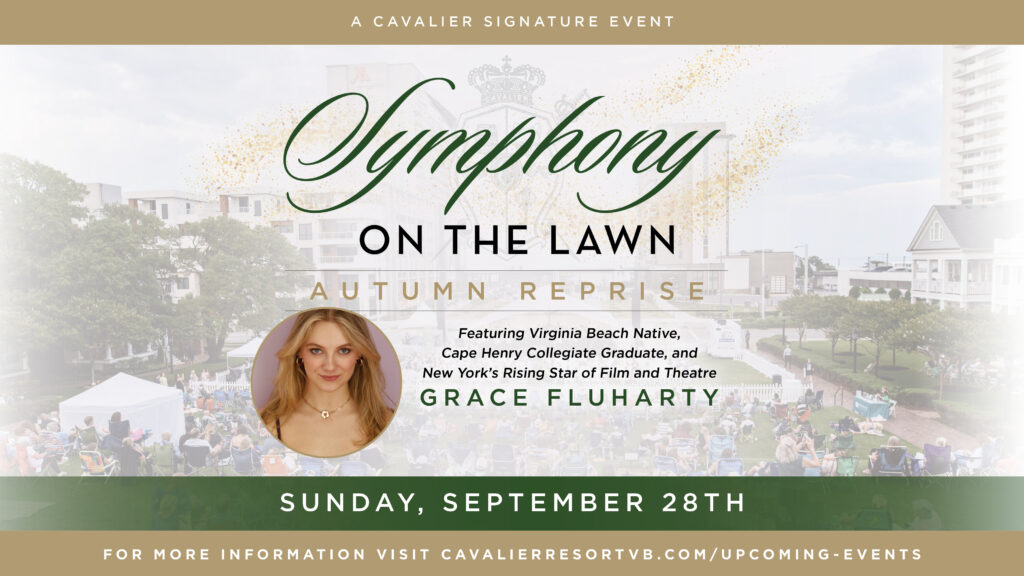 Event poster for "Symphony on the Lawn: Autumn Reprise," featuring Grace Fluharty, scheduled for Sunday, September 28th at The Cavalier Resort.