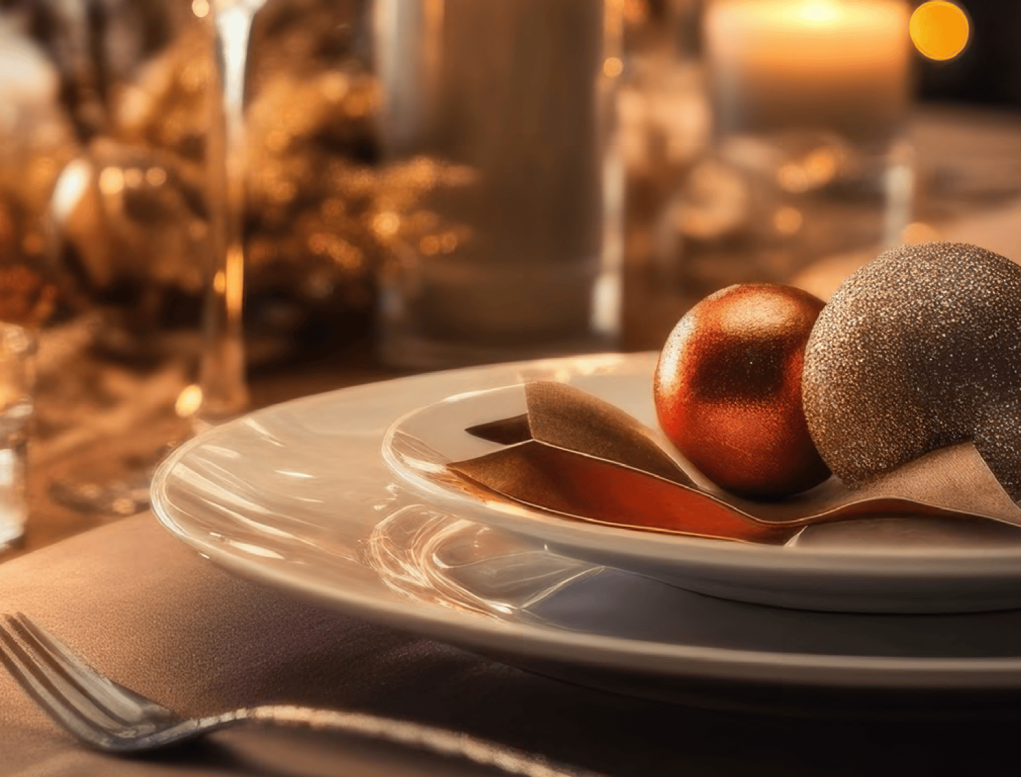 Close-up of a festive table setting with a white plate, brown napkin, and two decorative Christmas ornaments, with candles and holiday decor in the blurred background.