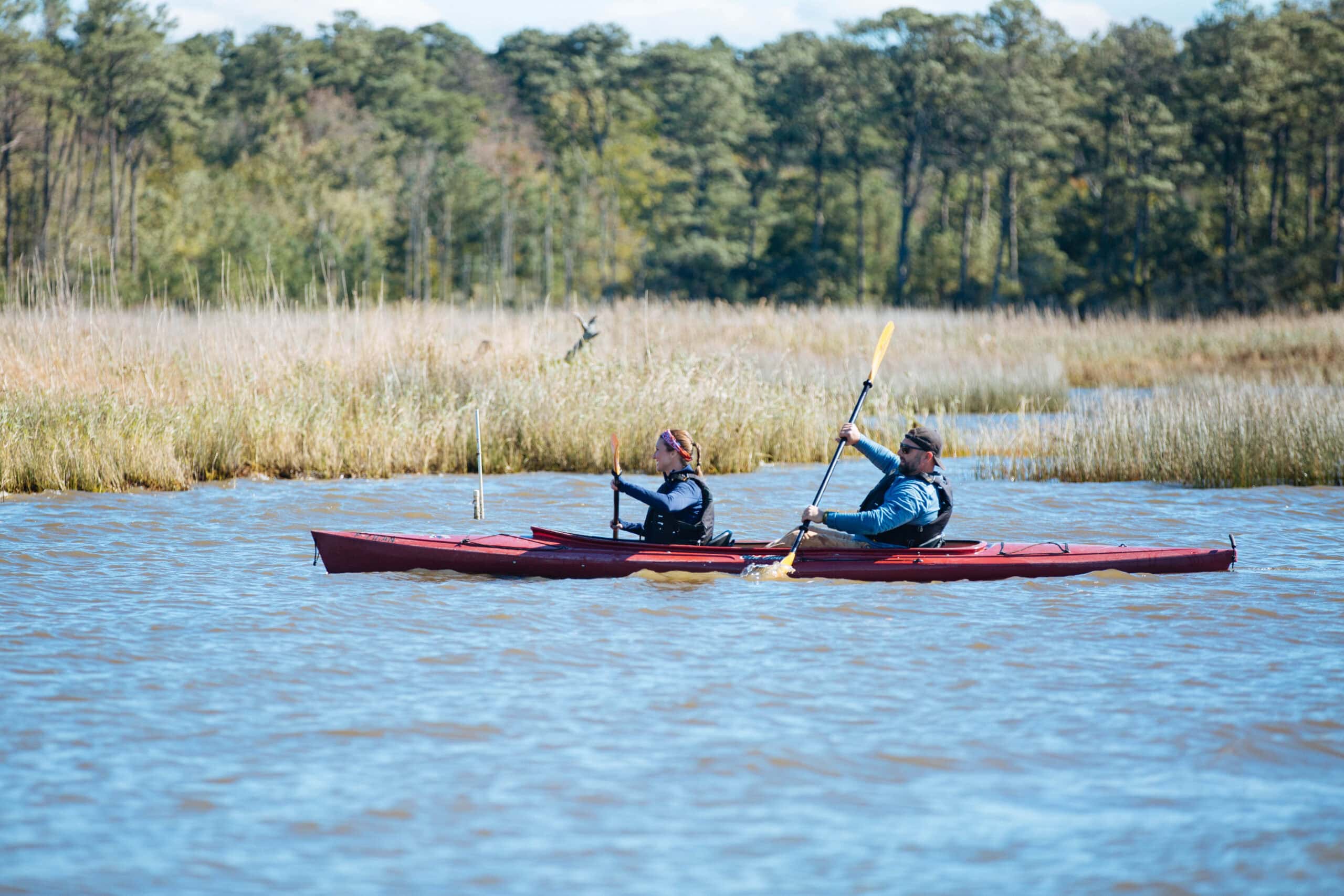 Two people paddle a red tandem kayak through a grassy marsh.